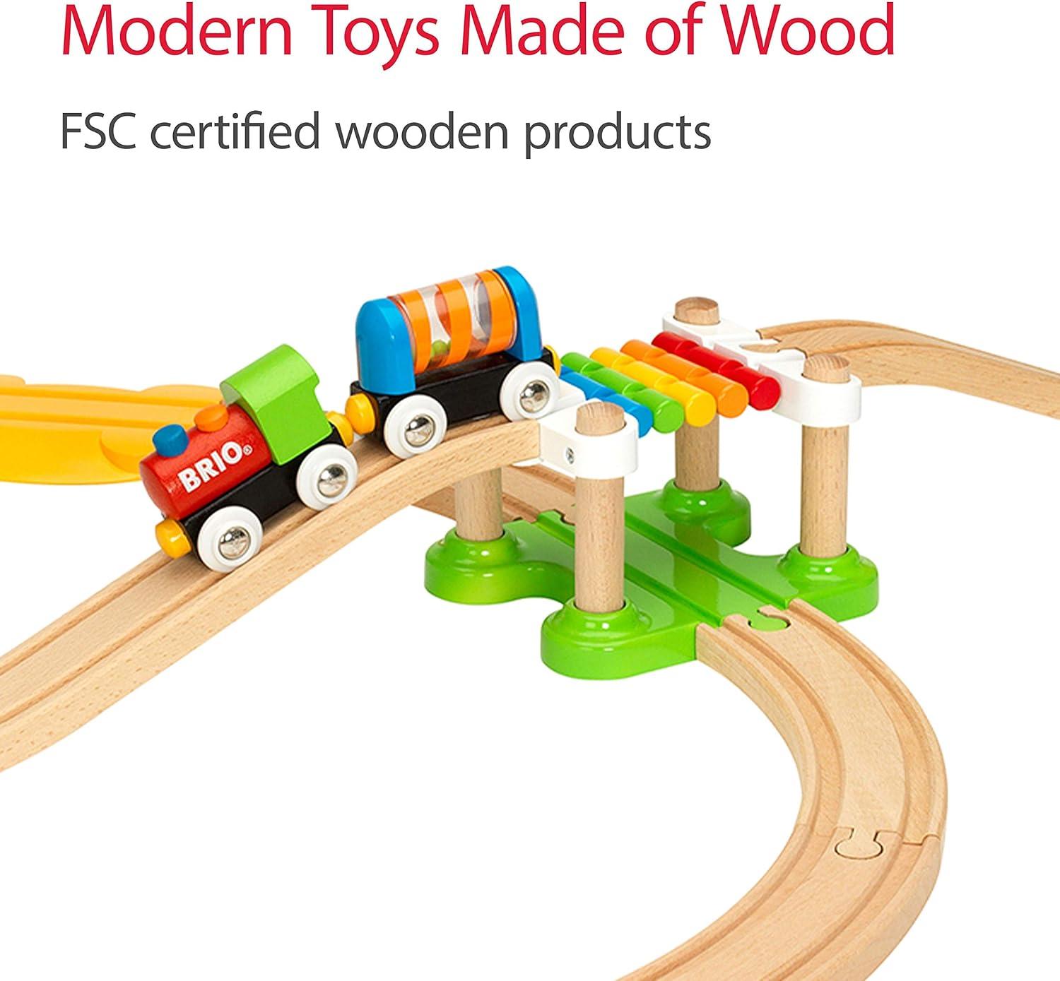 imageBRIO My First Railway Beginner Pack 18Piece FSCCertified Wood Train Set Compatible with All BRIO Sets Includes Rainbow Bridge amp Rattle Wagon Safe Play Toddlers Ages 18 Months amp OlderRailway