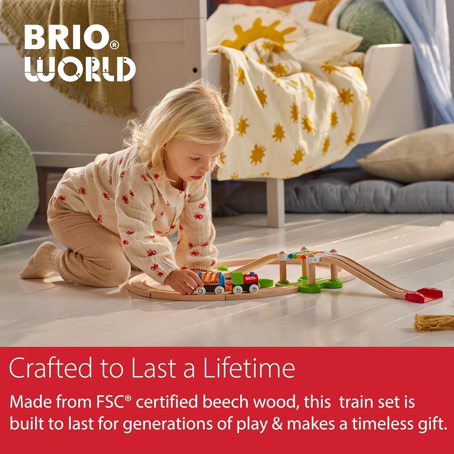 imageBRIO My First Railway Beginner Pack 18Piece FSCCertified Wood Train Set Compatible with All BRIO Sets Includes Rainbow Bridge amp Rattle Wagon Safe Play Toddlers Ages 18 Months amp OlderRailway
