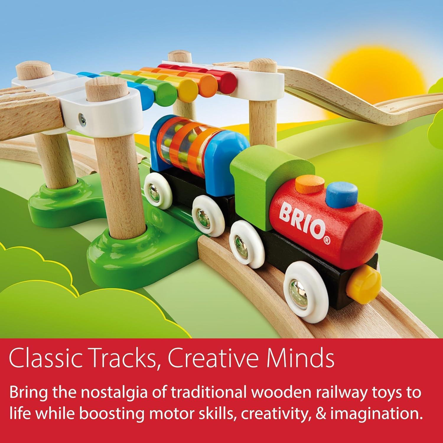imageBRIO My First Railway Beginner Pack 18Piece FSCCertified Wood Train Set Compatible with All BRIO Sets Includes Rainbow Bridge amp Rattle Wagon Safe Play Toddlers Ages 18 Months amp OlderRailway