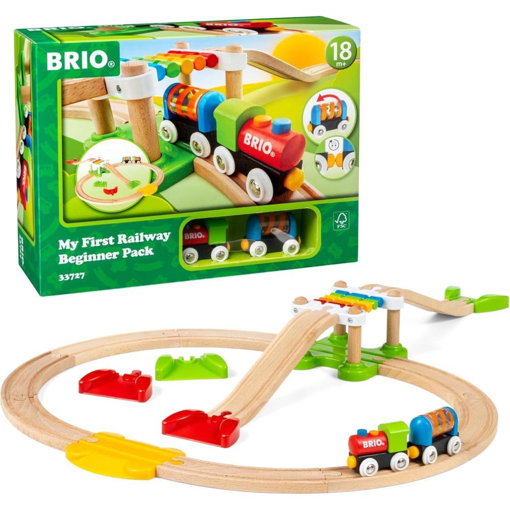 imageBRIO My First Railway Beginner Pack 18Piece FSCCertified Wood Train Set Compatible with All BRIO Sets Includes Rainbow Bridge amp Rattle Wagon Safe Play Toddlers Ages 18 Months amp OlderRailway