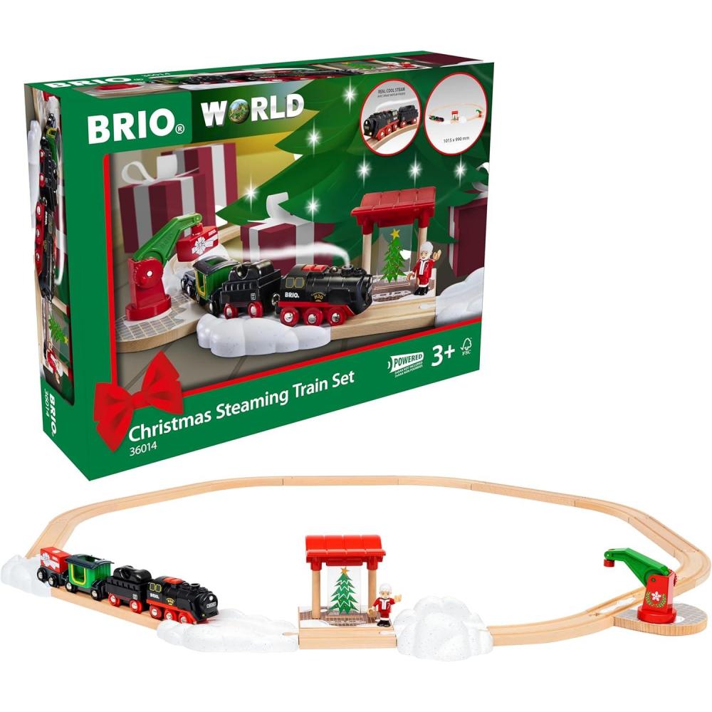 imageBRIO World Christmas Steaming Train BatteryOperated Train 27Pc Motorized Steam Engine for Wooden Track with Lights and KidFriendly Steam Interactive Play with ForwardReverse for Kids 3BRIO World 36014 Christmas Steaming Train Set 27Piece KidFriendly Set Age 3 Compatible FSCCertified Beech Wood Complements All BRIO Railway Sets Accessories Multicolor