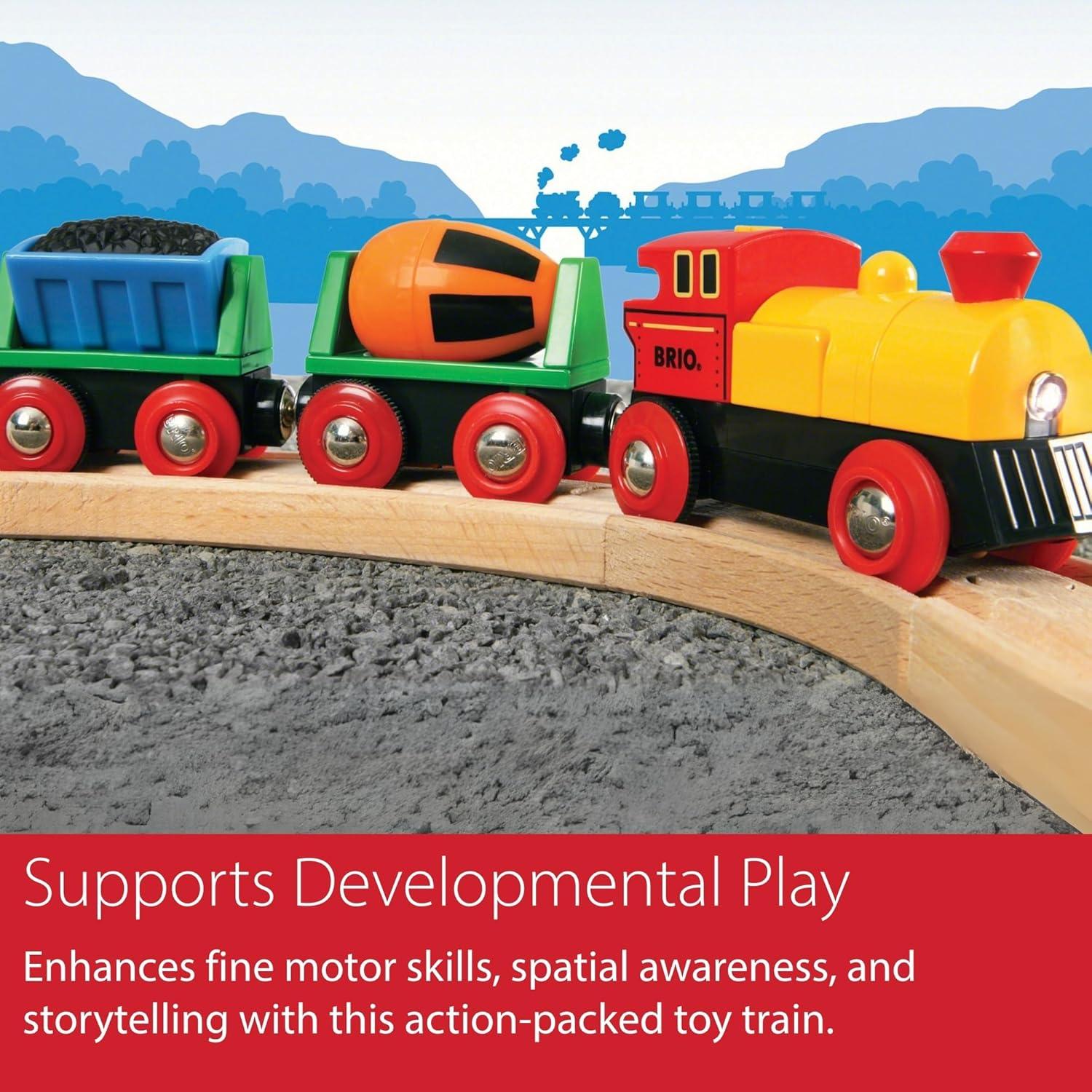 imageBRIO World Battery Operated Action Train Motorized for Wooden Tracks Kids Electric Set Includes Moving Coal Wagon amp Rotating Cement Mixer Compatible with All Railway Sets Kids Ages 3 amp UpTrain