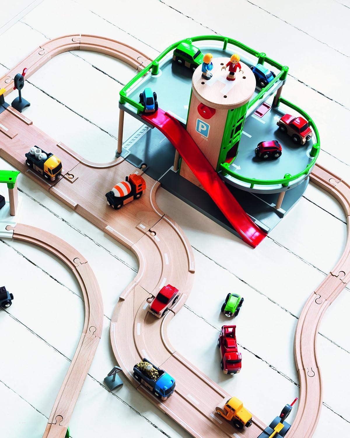 imageBRIO World Parking Garage 7Piece Wooden Toy Garage with 2 Cars 1 Transporter Wagon and Wooden Ramp Tracks Works with All BRIO Train Sets FSCCertified Sparks Creativity amp Fun Ages 3 amp UpParking Garage