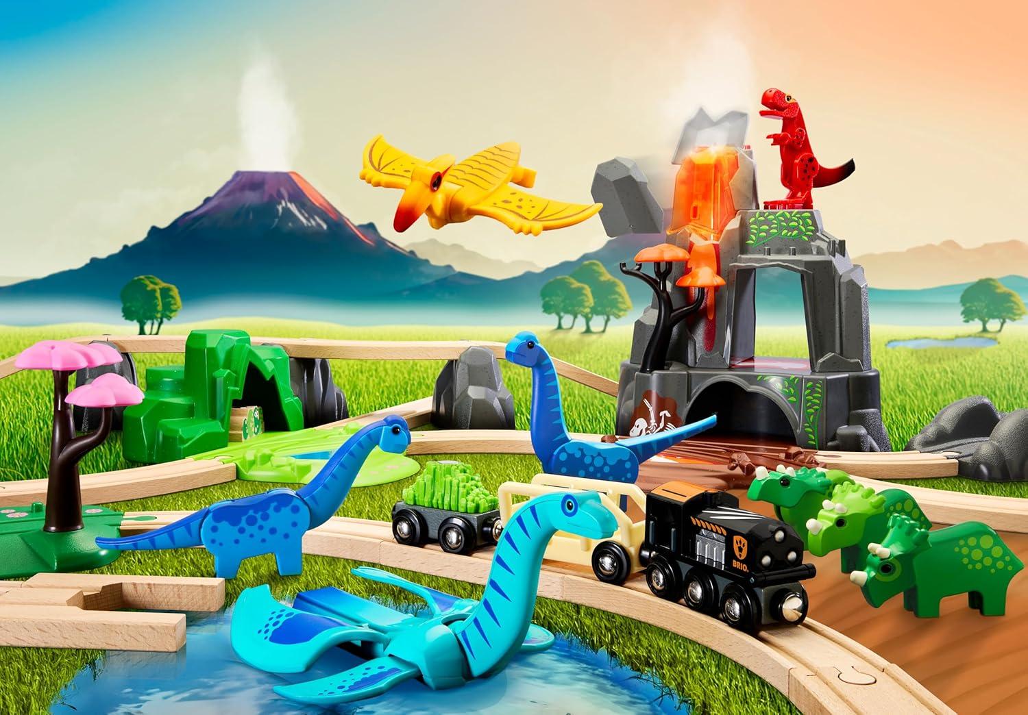 imageBRIO World Dinosaur Deluxe Set 44Piece FSCCertified Wood Train Set amp Accessories Works with All Wooden Train Sets Dinosaur Train Engine 2 Wagons 8 Dinosaurs Tracks amp More Kids Ages 3BRIO World 36104 Dinosaur Deluxe Set 44Piece Toy Train Set for Kids Ages 3 Years and Up