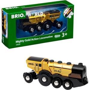 BRIO World Mighty Golden Action Locomotive – Battery Operated Toy Train for Wooden Track – Motorized Train with Lights & Sound – Works with All BRIO Sets – Exciting, Interactive Play – Ages 3 & Up(Locomotive)
