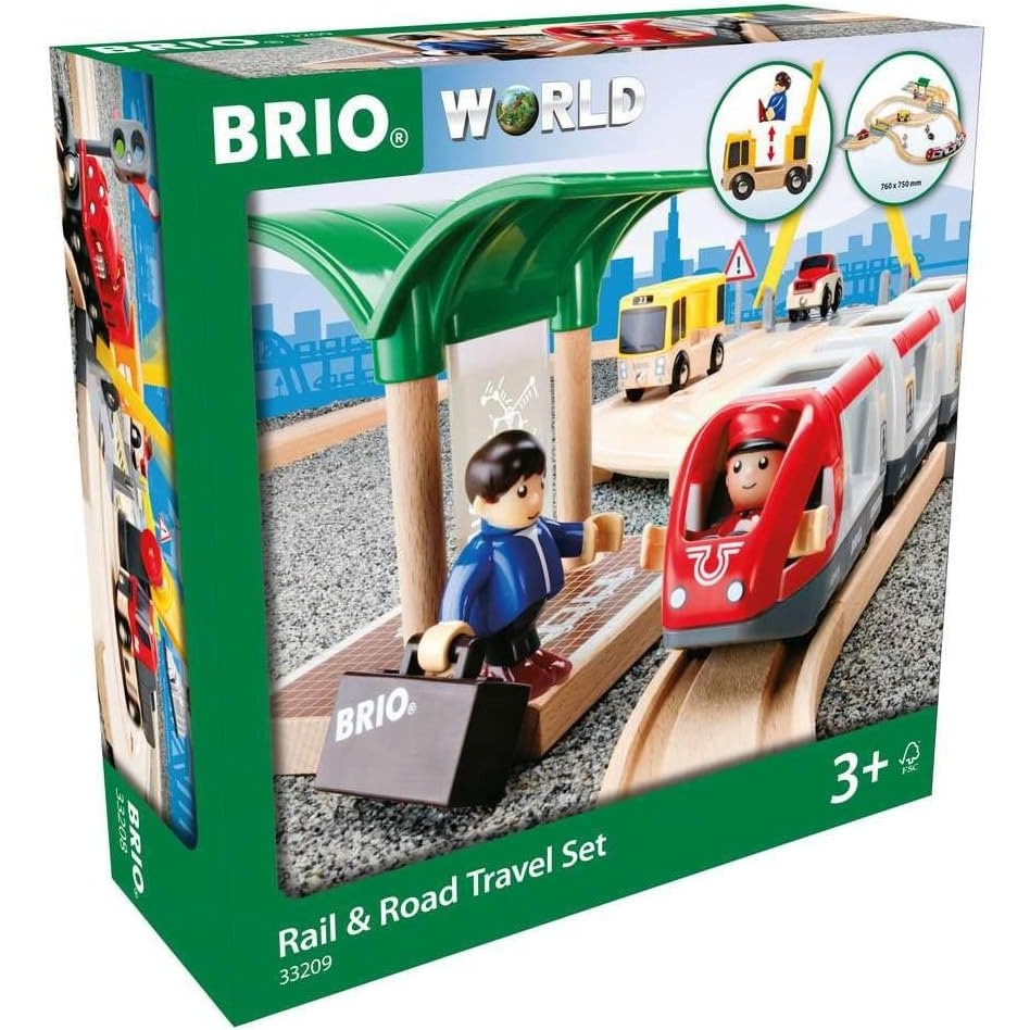 imageBRIO World 33209 Rail amp Road Travel Set 33 Piece Train Toy with Accessories and Wooden Tracks for Kids Ages 3 and Up